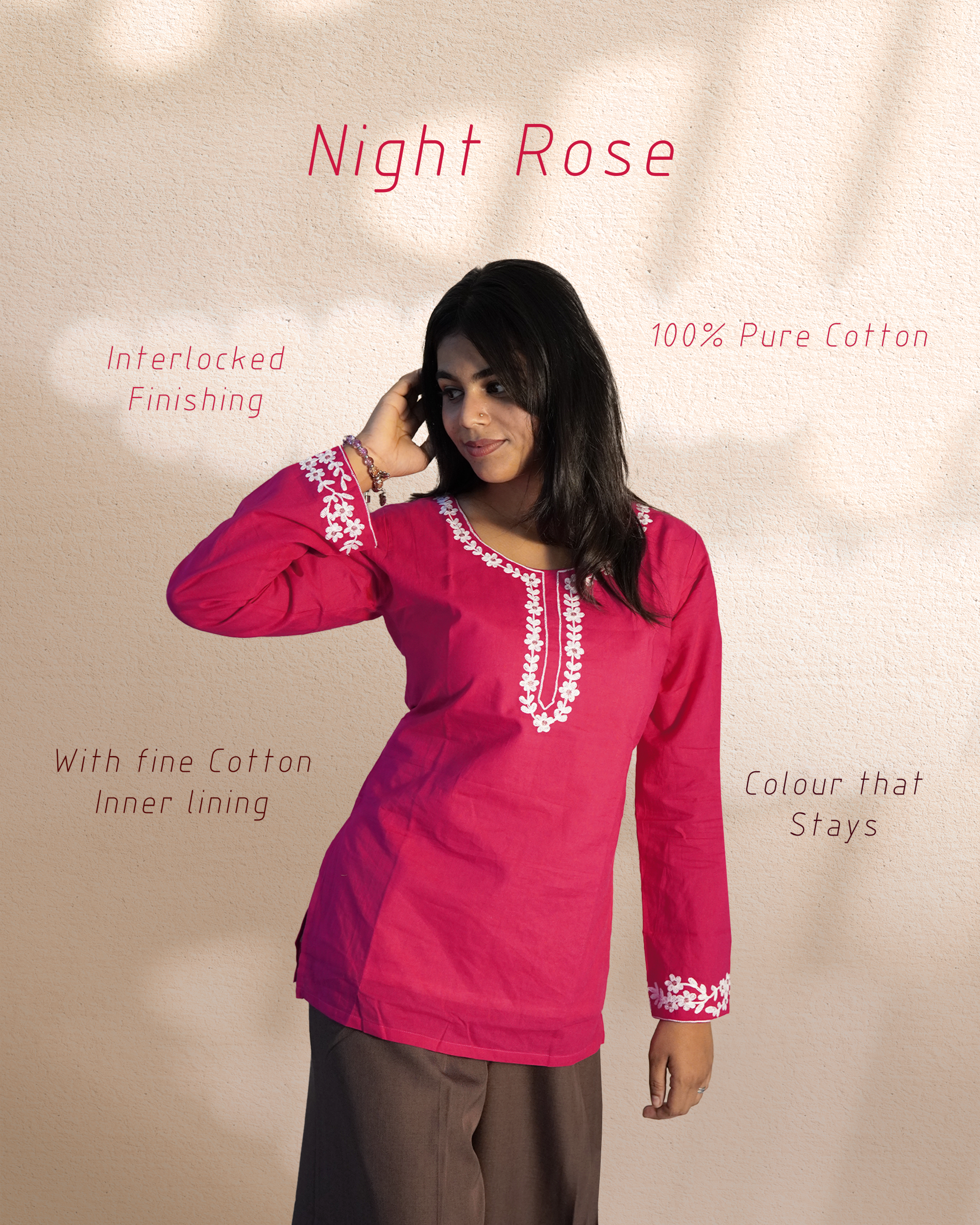 Cotton Floral Embroidered Ethnic Top [Night Rose]