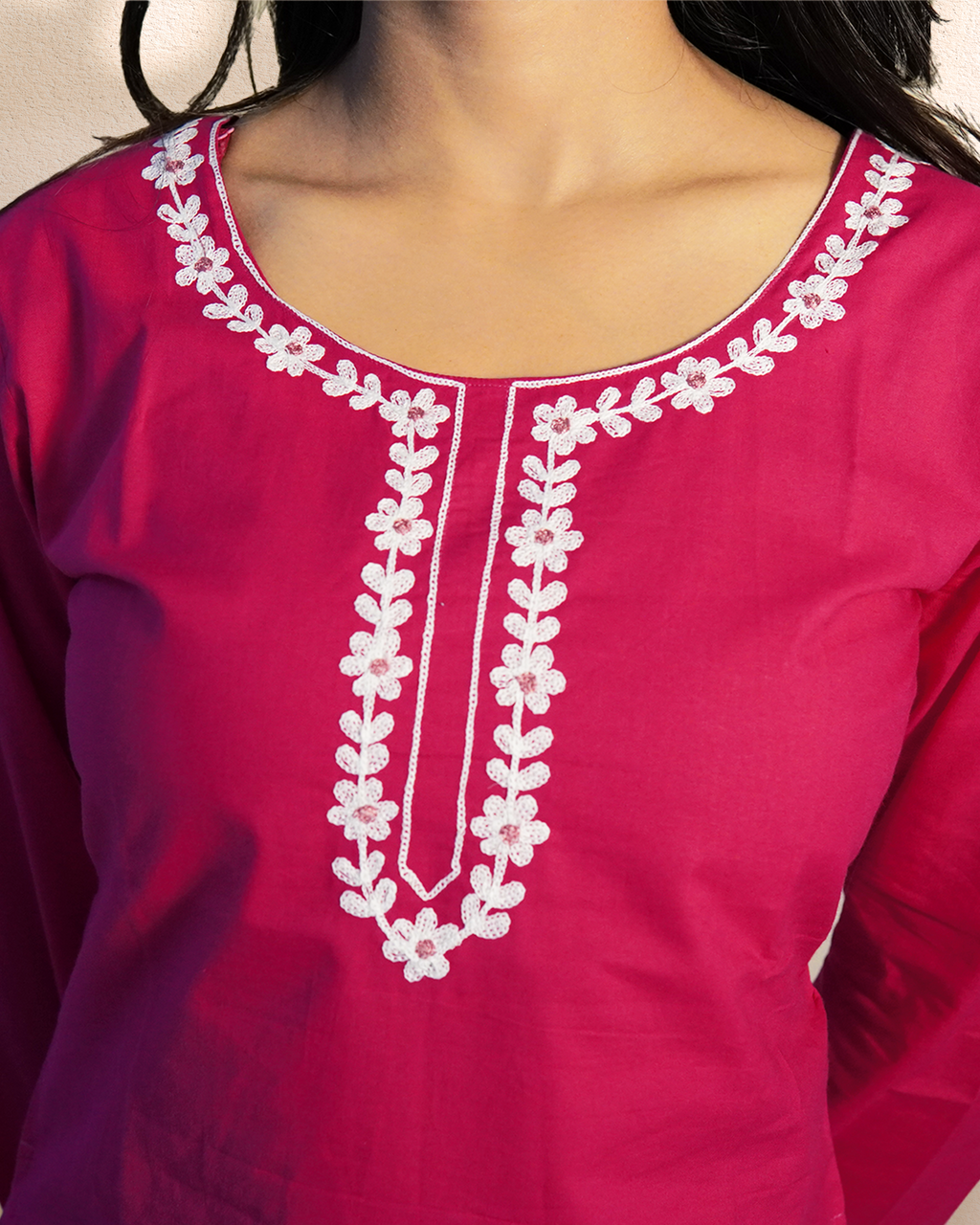 Cotton Floral Embroidered Ethnic Top [Night Rose]