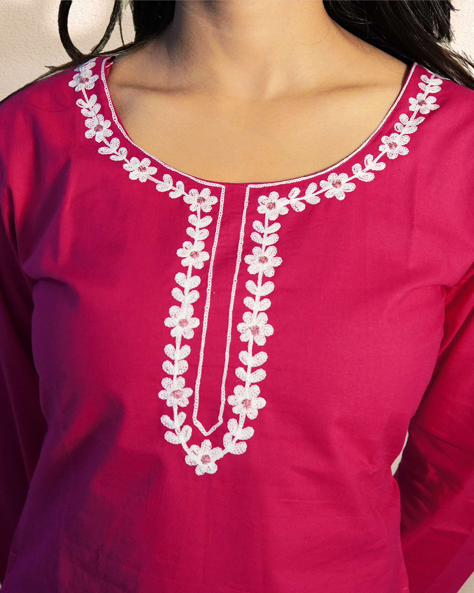 Cotton Floral Embroidered Ethnic Top [Night Rose]