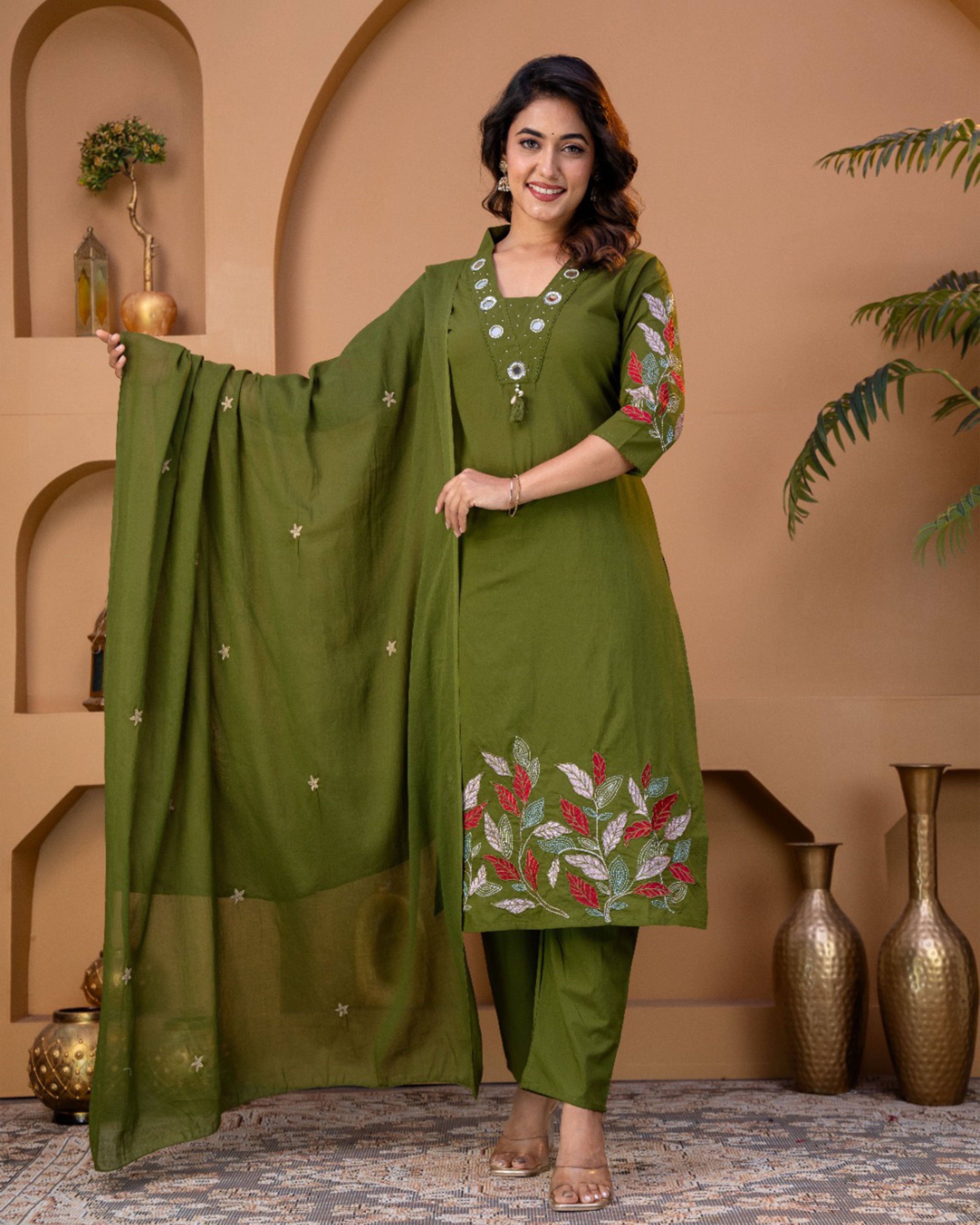Pure cotton Embroidered Kurti Set [Green]