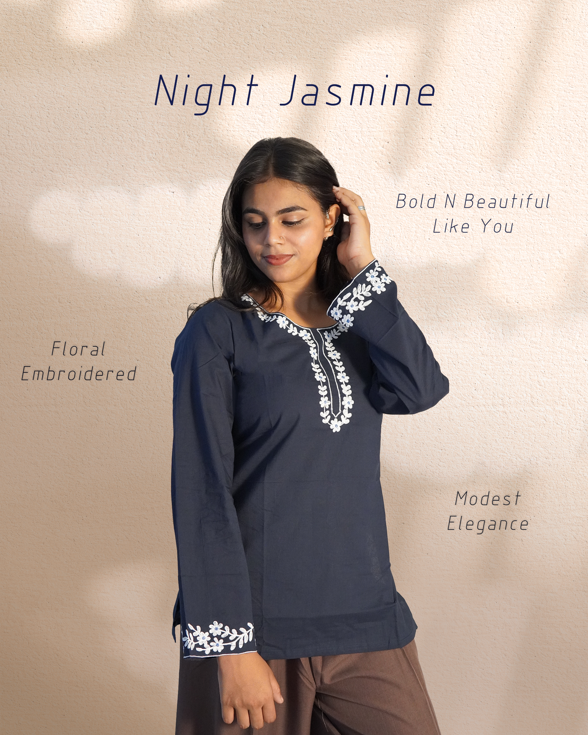 Cotton Floral Embroidered Ethnic Top [Night Jasmine]
