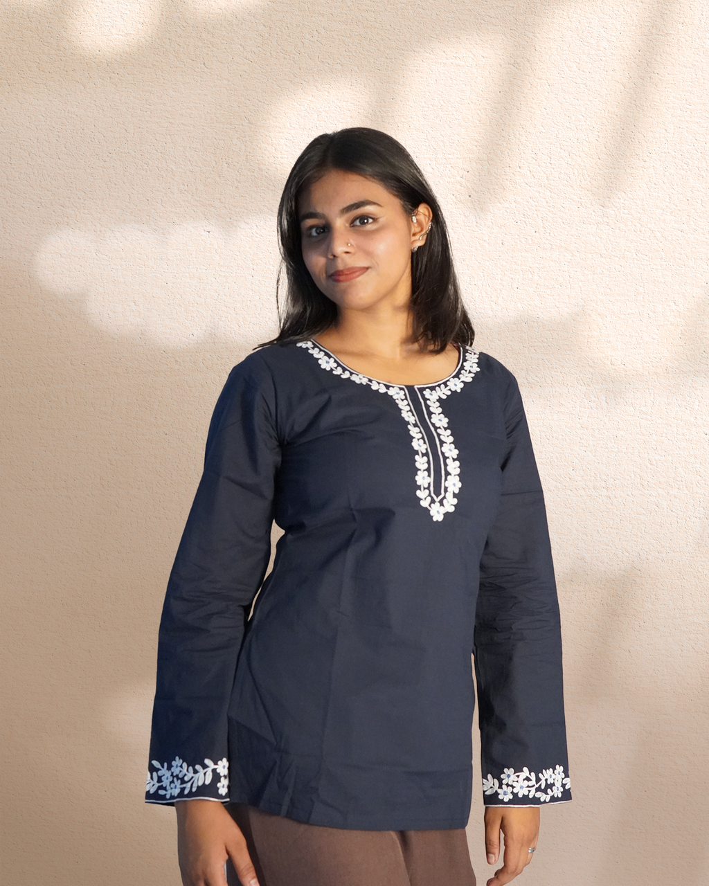 Cotton Floral Embroidered Ethnic Top [Night Jasmine]