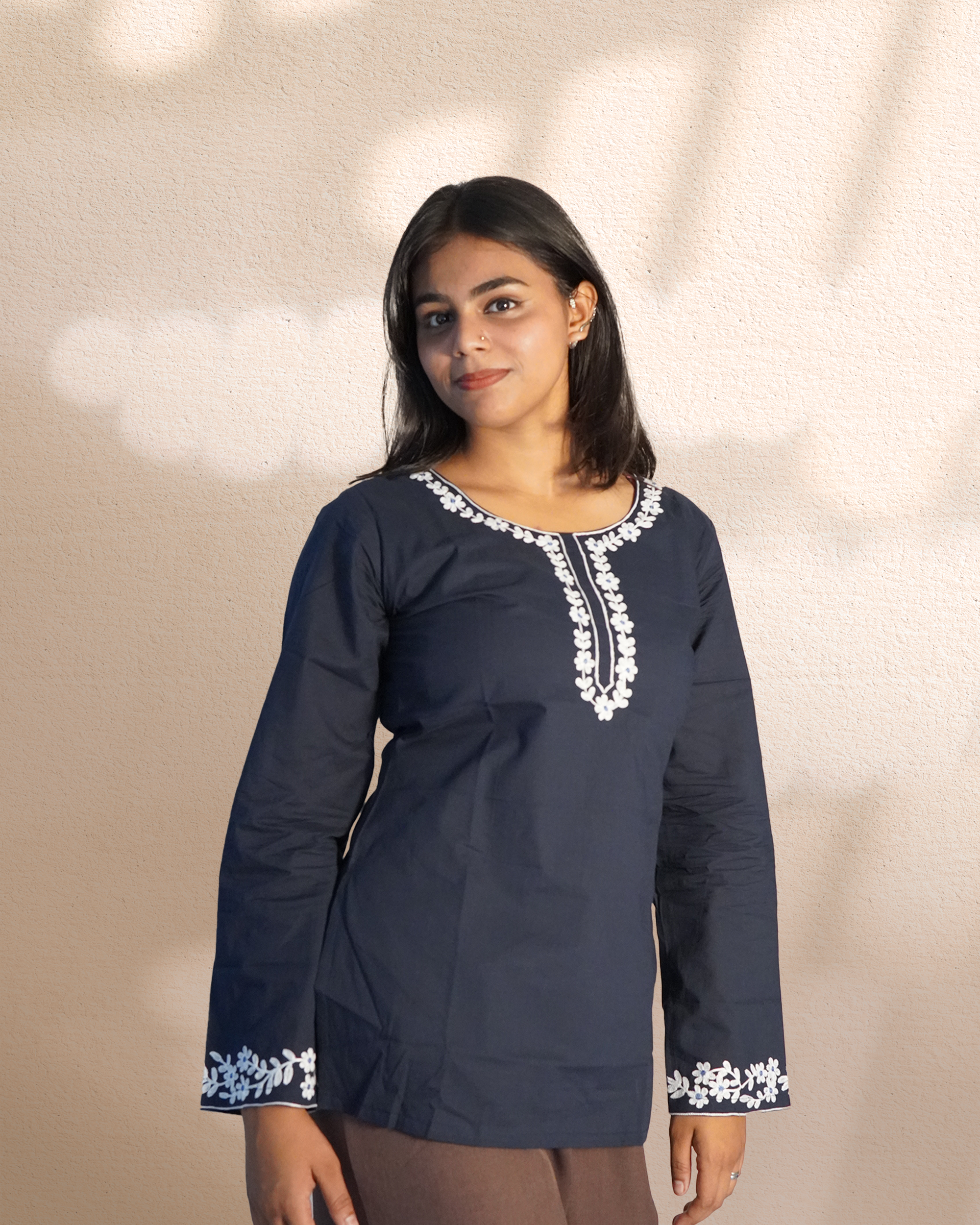 Cotton Floral Embroidered Ethnic Top [Night Jasmine]