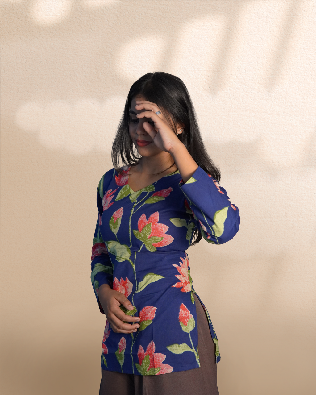 Long Sleeves Corset Kurti [Navy]