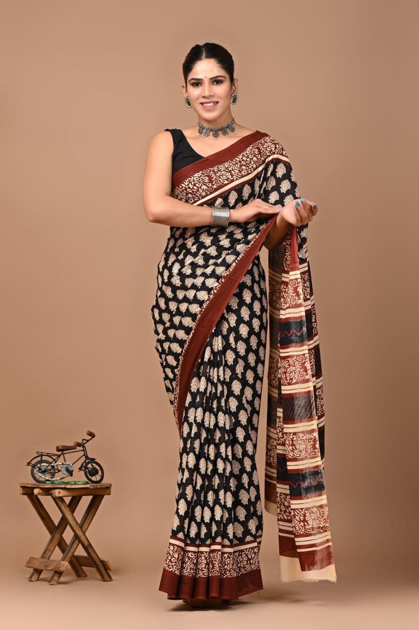 Block Printed Malmal Cotton Saree