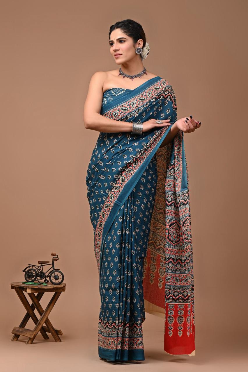 Block Printed Malmal Cotton Saree