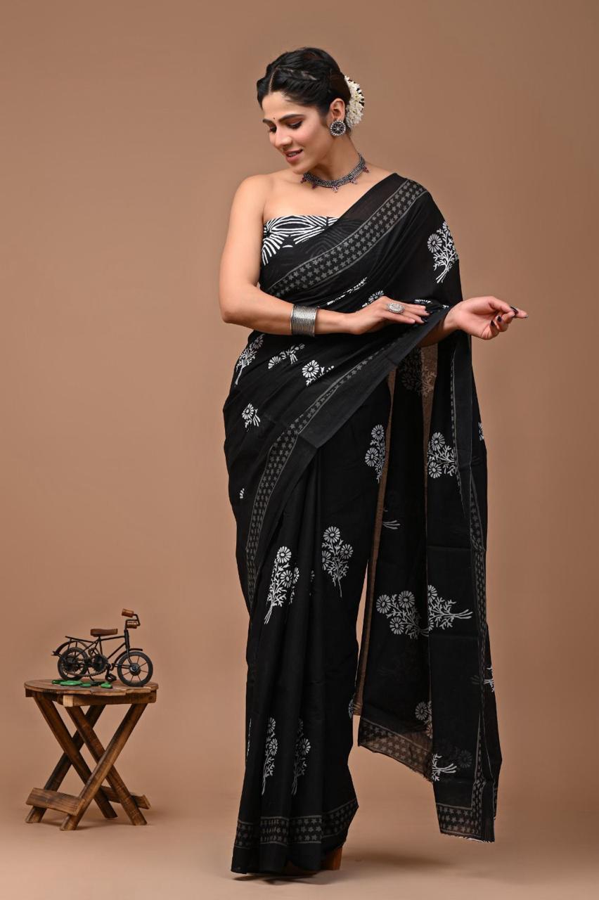 Block Printed Malmal Cotton Saree