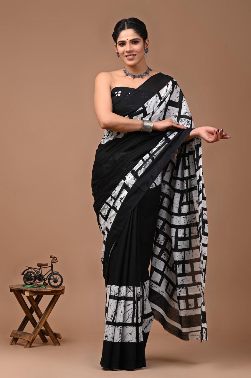 Block Printed Malmal Cotton Saree