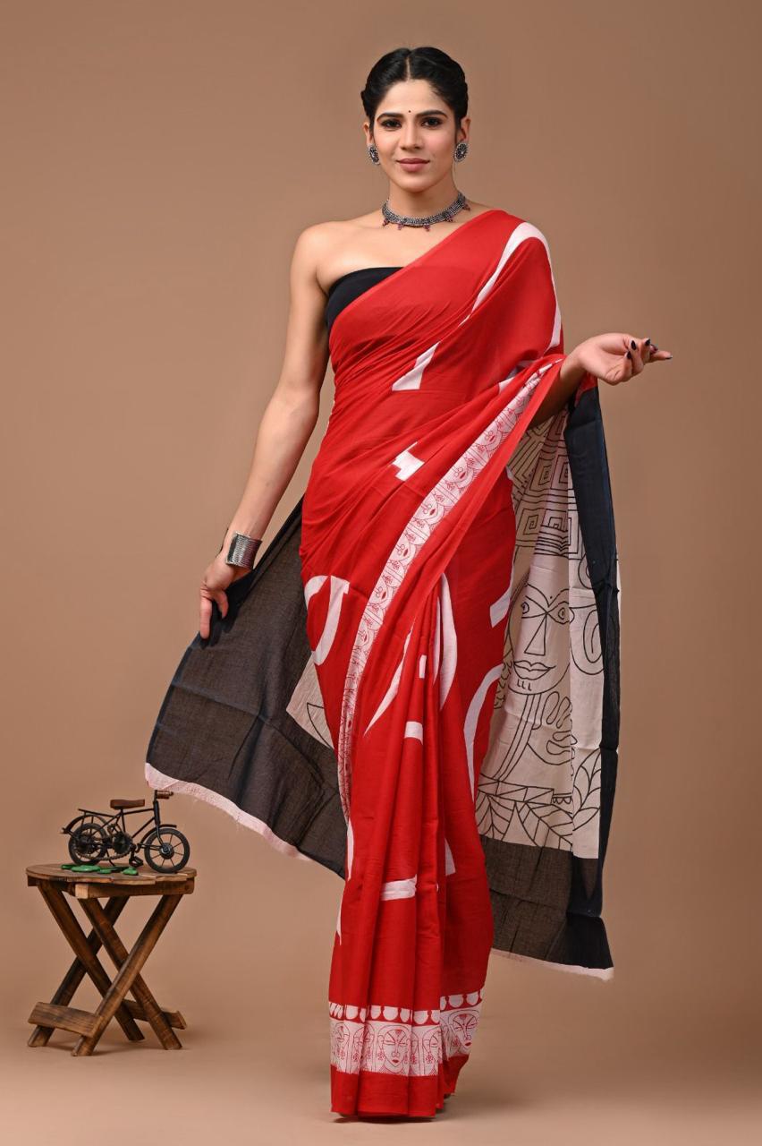 Block Printed Malmal Cotton Saree