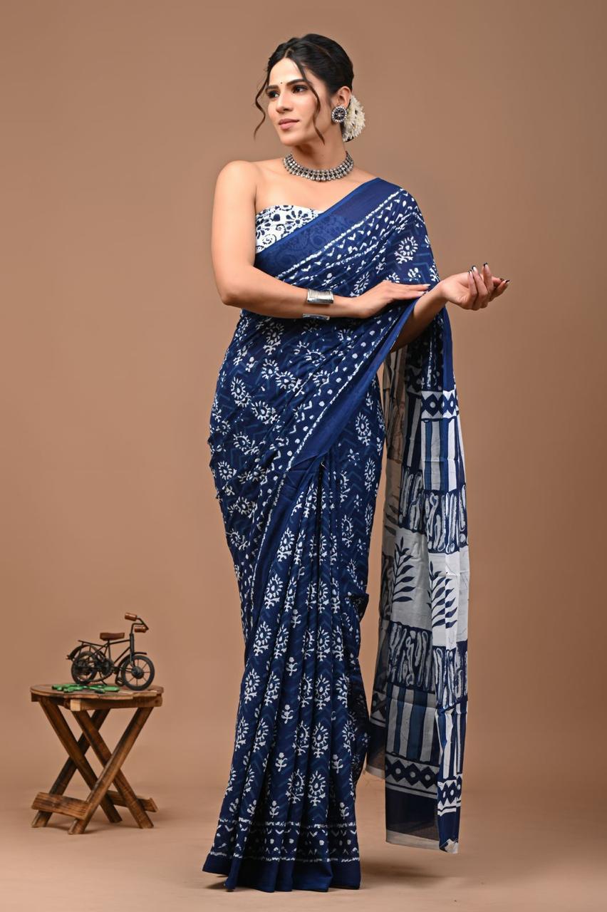 Block Printed Malmal Cotton Saree