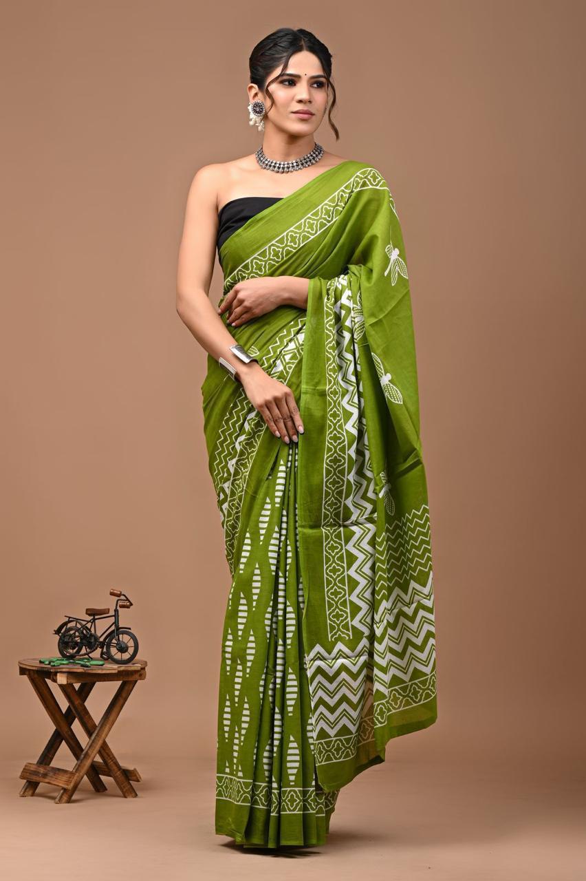 Block Printed Malmal Cotton Saree