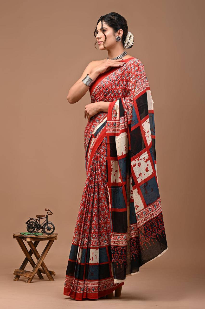 Block Printed Malmal Cotton Saree