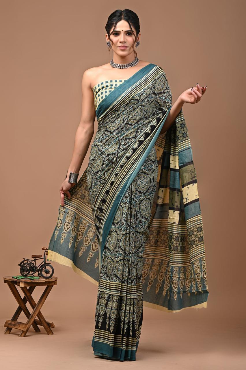 Block Printed Malmal Cotton Saree
