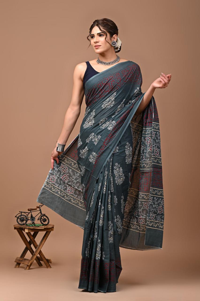 Block Printed Malmal Cotton Saree