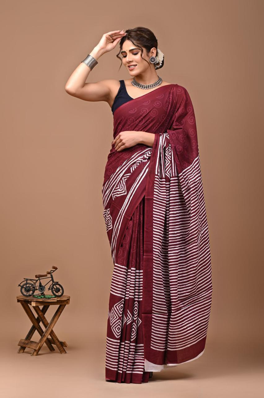 Block Printed Malmal Cotton Saree