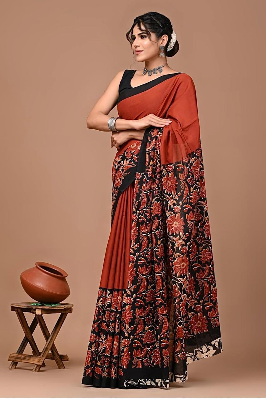 Block Printed Malmal Cotton Saree