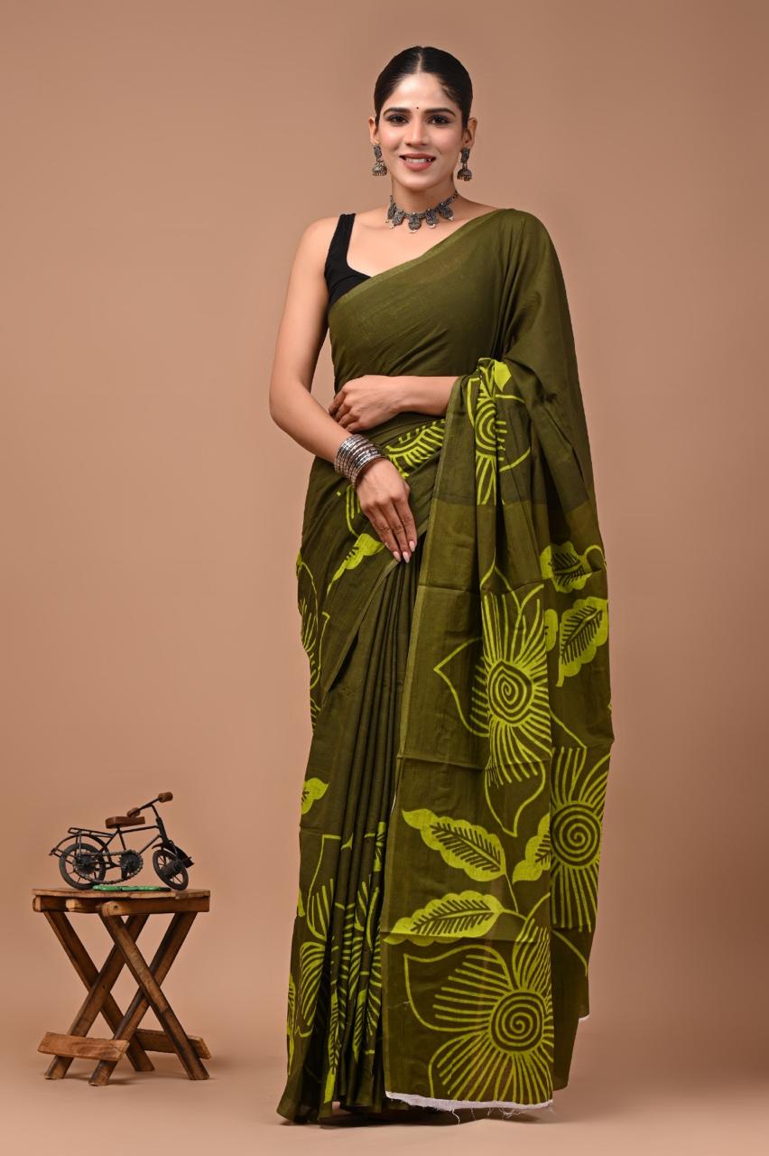 Block Printed Malmal Cotton Saree