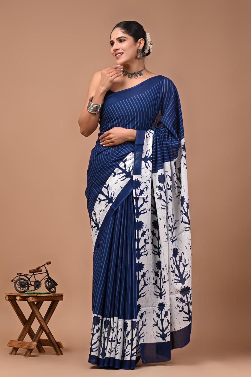 Block Printed Malmal Cotton Saree