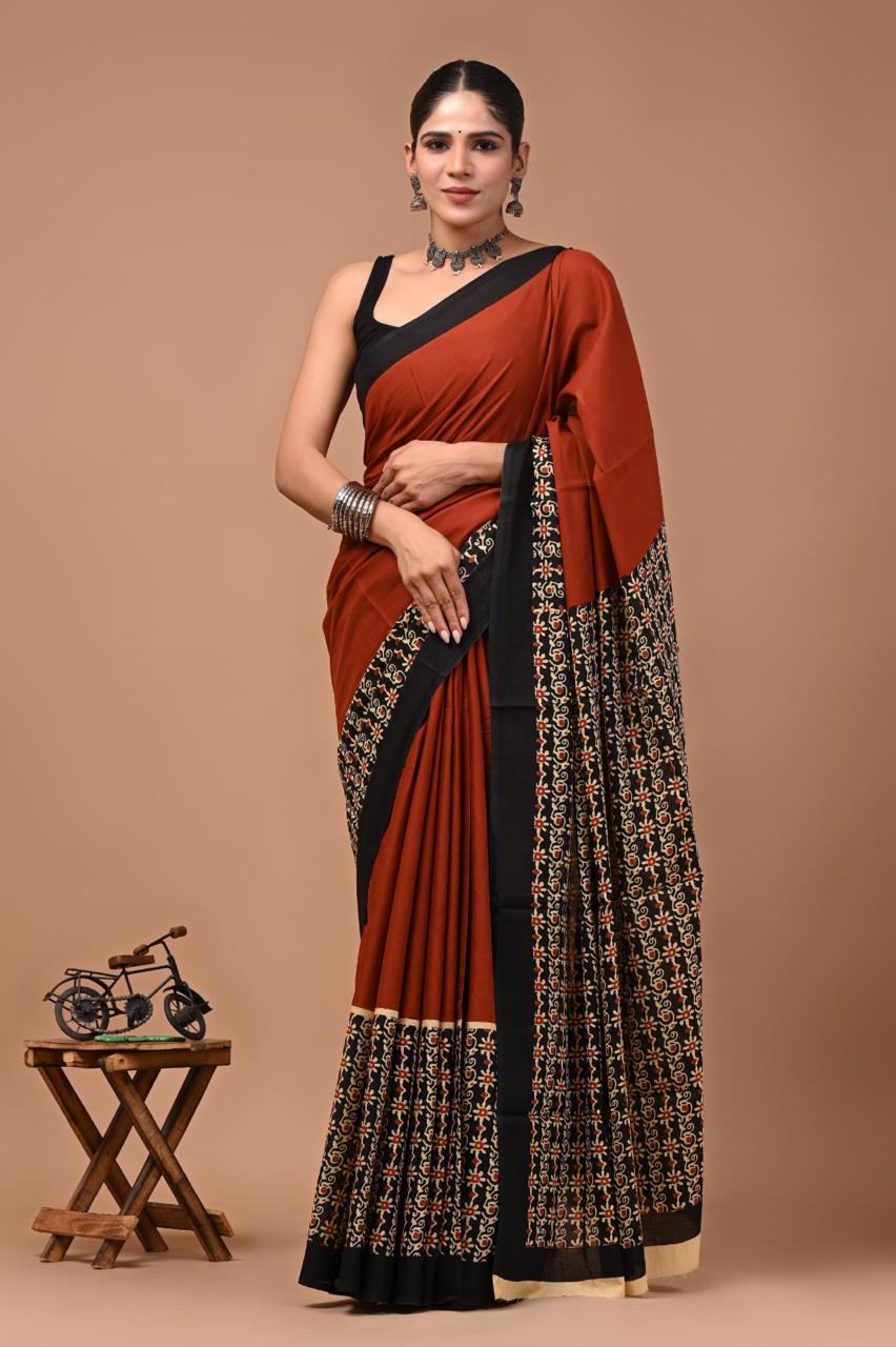 Block Printed Malmal Cotton Saree
