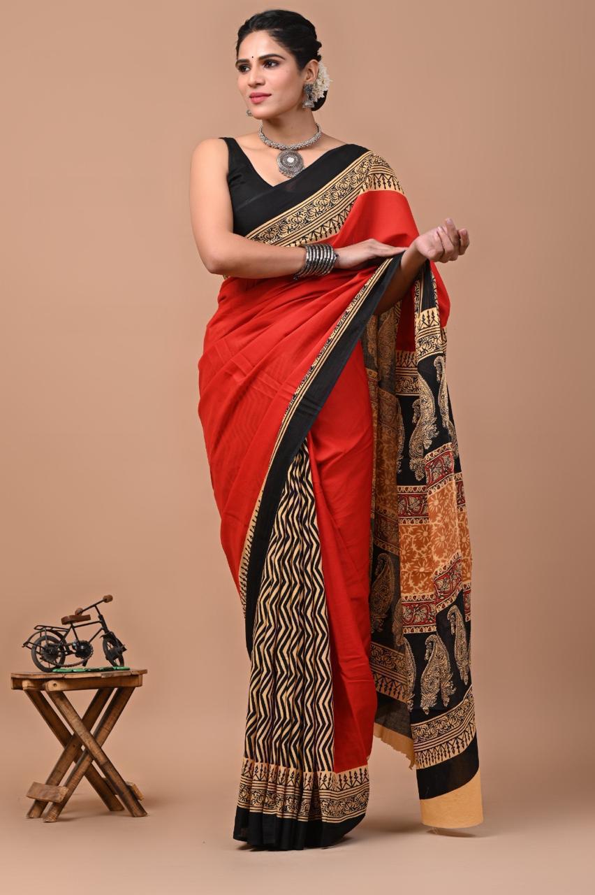 Block Printed Malmal Cotton Saree