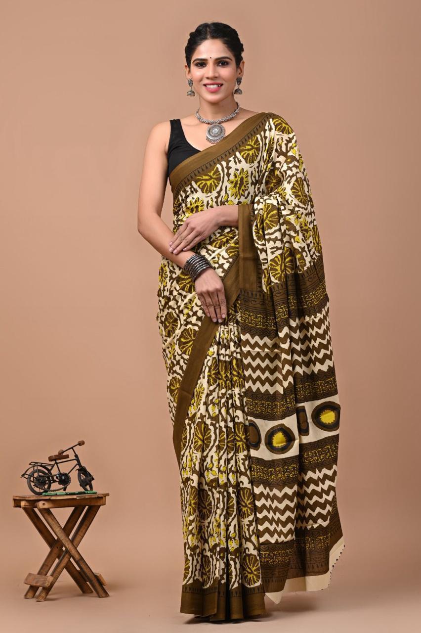 Block Printed Malmal Cotton Saree