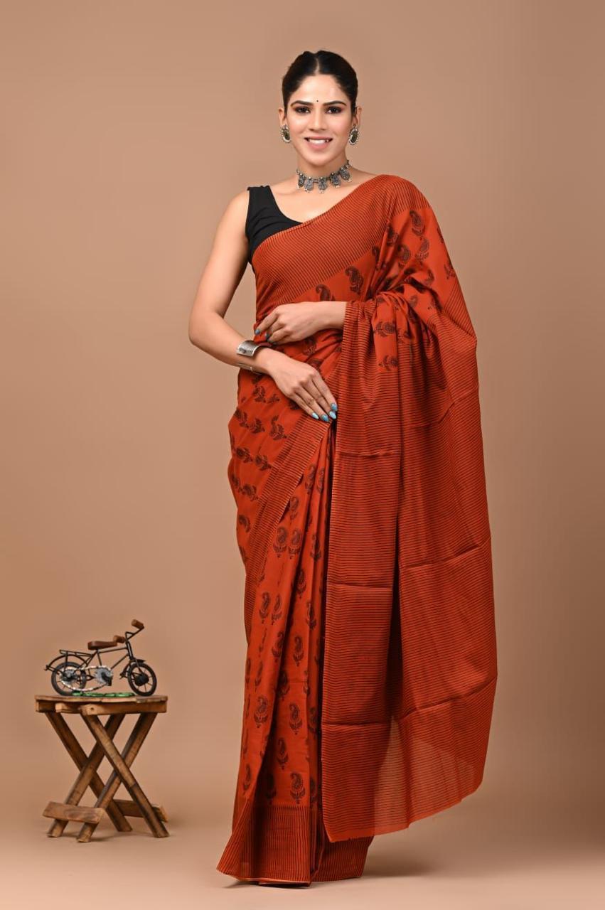Block Printed Malmal Cotton Saree