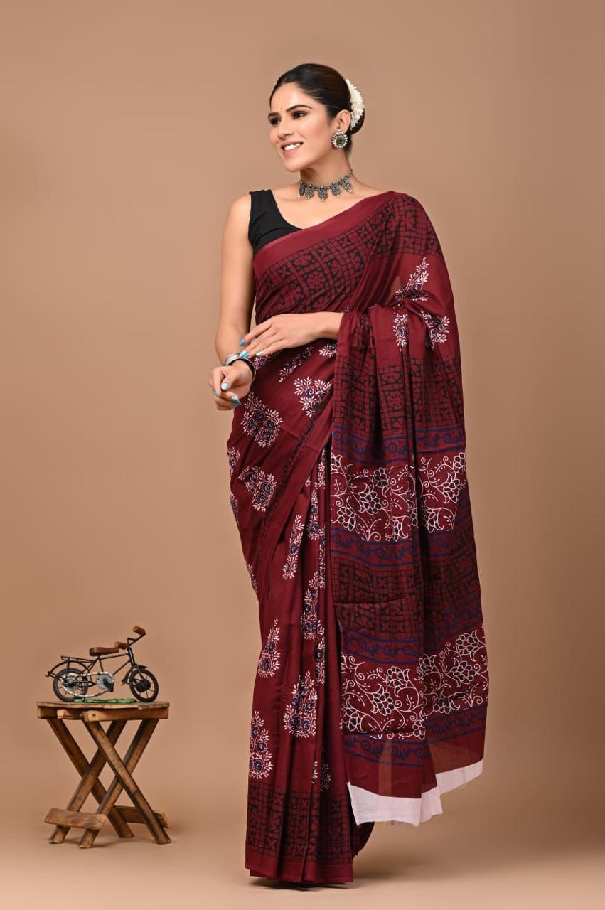 Block Printed Malmal Cotton Saree