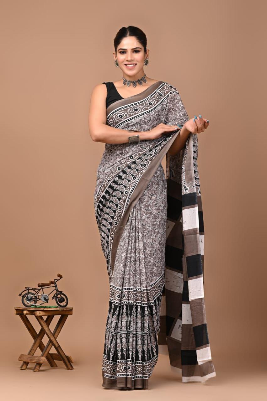 Block Printed Malmal Cotton Saree