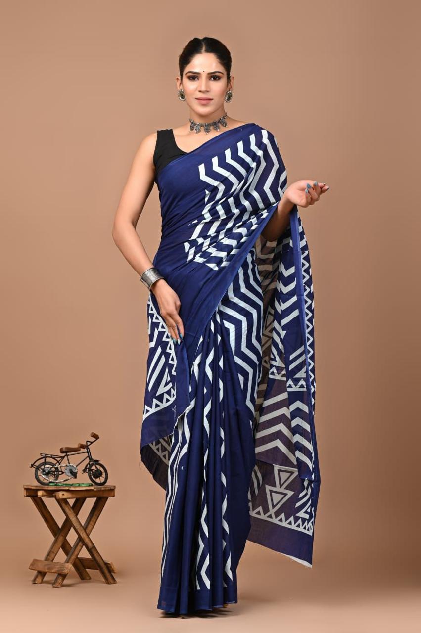 Block Printed Malmal Cotton Saree