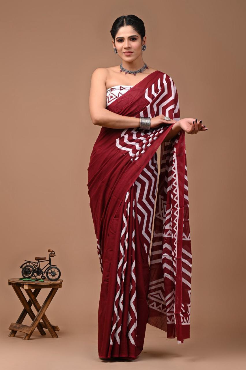 Block Printed Malmal Cotton Saree