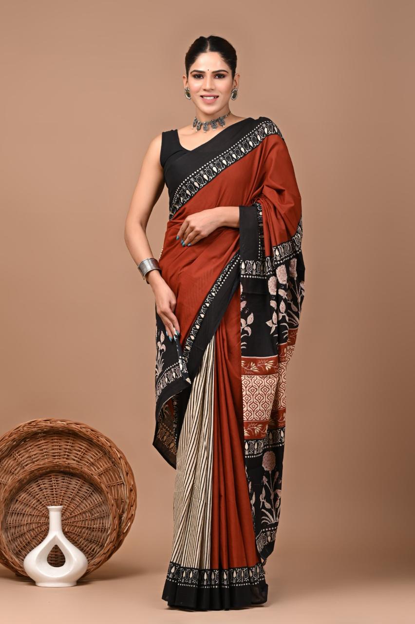 Block Printed Malmal Cotton Saree [Black and Rust]